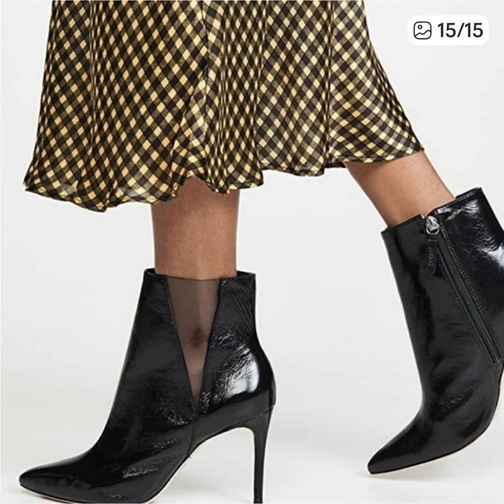 Schutz Adilene Black Ankle Cutout Boots – Leather & Vinyl – Pointy Toe – Sz 5.5